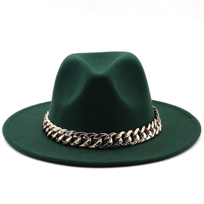 Green luxury fedora hat with gold chain detail on white background
