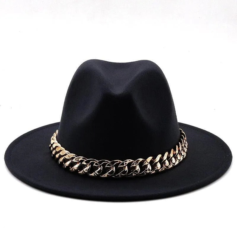 Black luxury fedora hat with wide brim and chunky gold chain band on white background