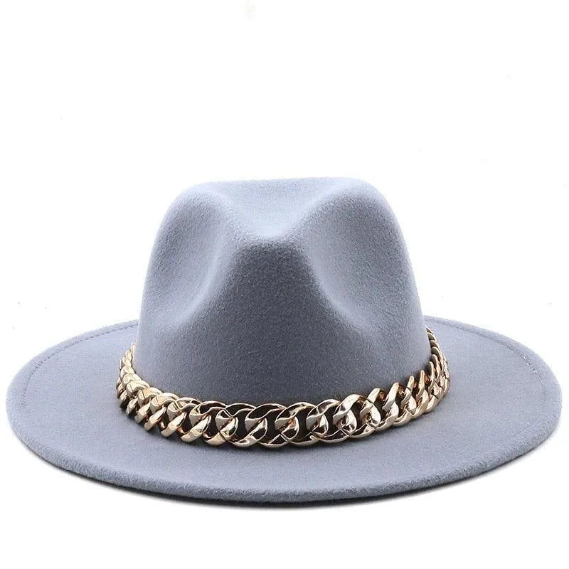 Gray luxury fedora hat with wide brim and gold chain, stylish headwear on white background