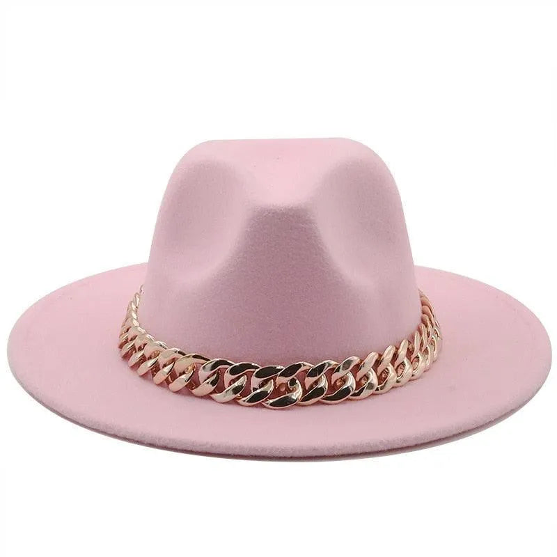 Pink luxury fedora hat with wide brim and gold chain accent