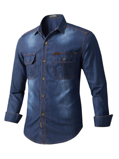 Men Casual Long Sleeves Work Denim Shirt – Breathable - Blue -Guocali
