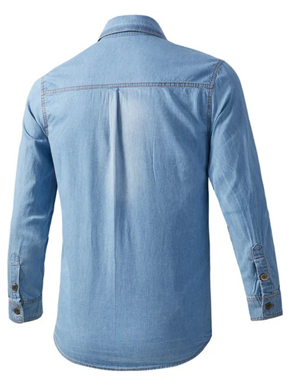 Men Casual Long Sleeves Work Denim Shirt – Breathable - Blue -Guocali