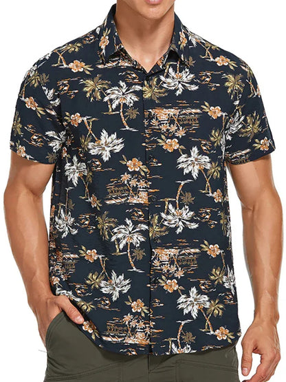 Men Casual Short Sleeves Hawaiian Shirt – Lightweight - Blue, White -Guocali