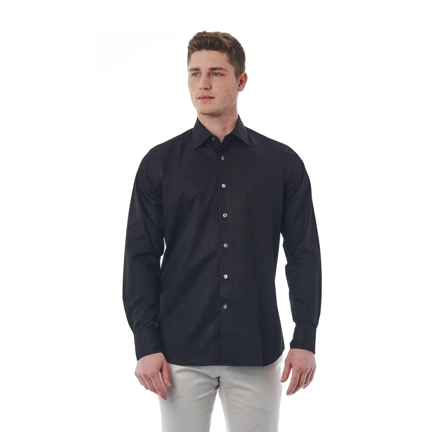 Men Cotton Long Sleeves Regular Fit Point Collar Dress Shirt – Breathable - Black -Guocali