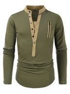 Men Henley Long-Sleeves T-Shirt – Breathable - Green, Beige -Guocali