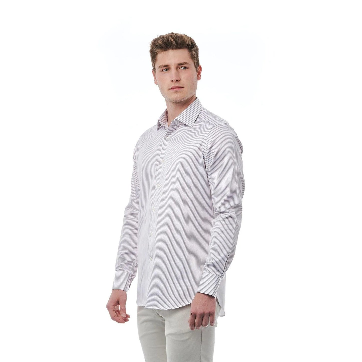 Men Long Sleeves Cotton Striped Dress Shirt – Breathable - White -Guocali