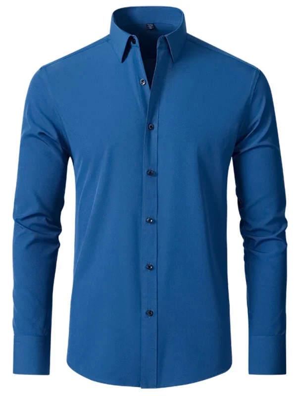 Men Long Sleeves Regular Fit Button-Down Shirt – Wrinkle-Resistant - Navy, Blue -Guocali