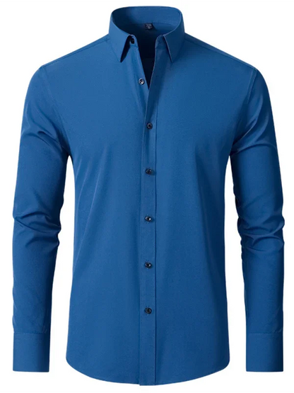 Men Long Sleeves Regular Fit Button-Down Shirt – Wrinkle-Resistant - Navy, Blue -Guocali