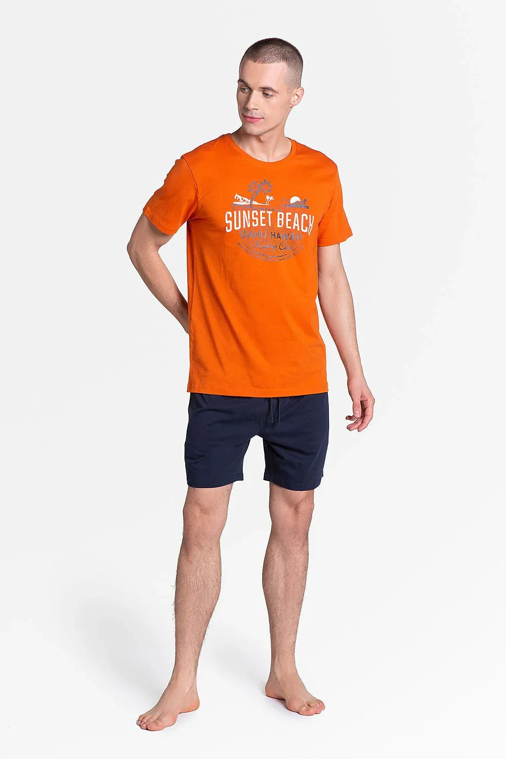 Men Pajama Shorts Set –Breathable Logo, Solid - Orange, Navy -Guocali