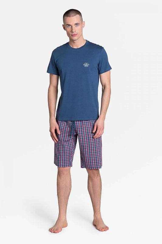 Men’s Pajama Shorts Set – Breathable Plaid - Navy -Guocali