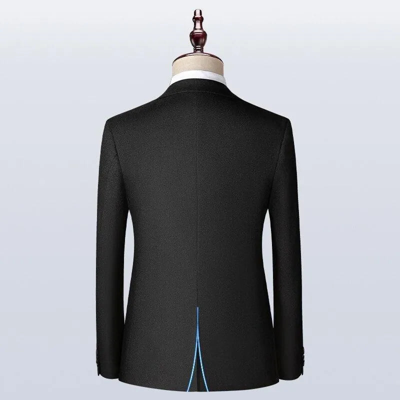 Back view of a black men's suit jacket on mannequin, classic slim fit tuxedo style