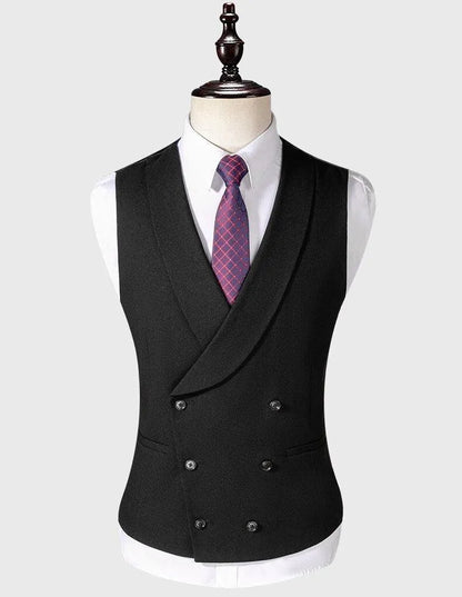 Black men's tuxedo vest with double-breasted buttons, white shirt, and purple tie on mannequin