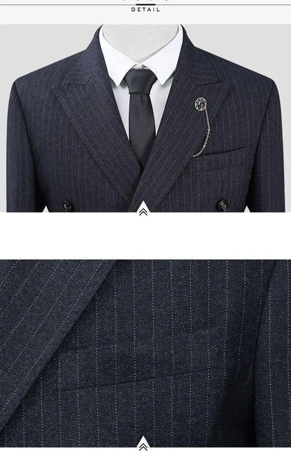 Dark navy pinstripe men's suit jacket with white shirt, black tie, and lapel chain.