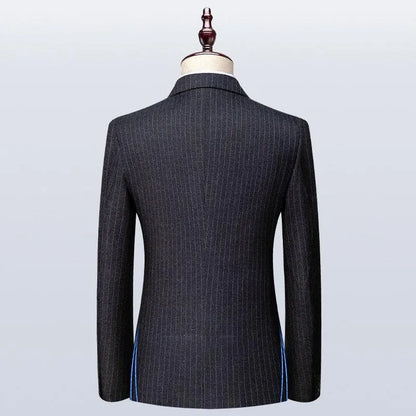 Back view of a men's dark pinstripe suit jacket on a mannequin