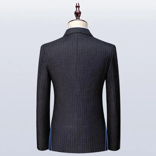 Back view of a men's dark pinstripe suit jacket on a mannequin
