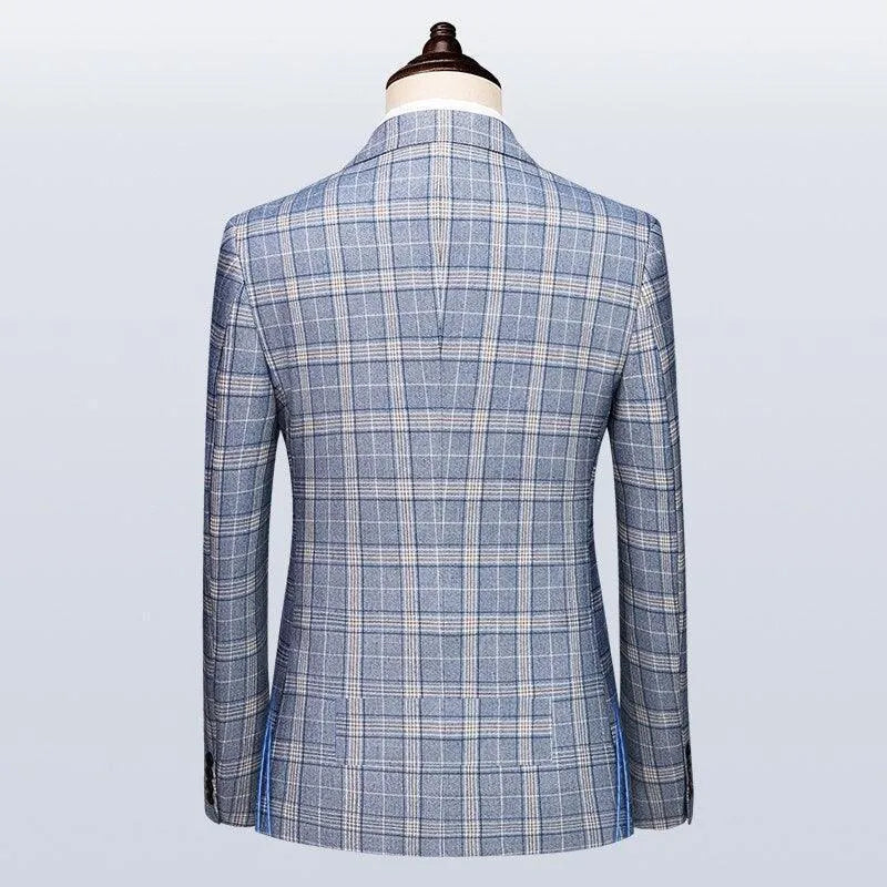 Back view of a blue grey plaid double breasted men's suit jacket on mannequin