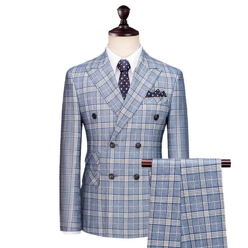 Blue grey plaid double-breasted men's suit with matching pants on a mannequin