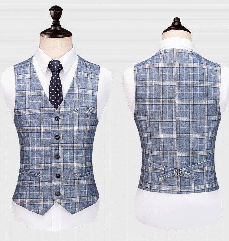Men's blue grey plaid suit vest on mannequin, front and back view, formal attire