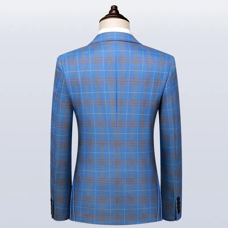 Back view of blue plaid men's double-breasted suit jacket on mannequin