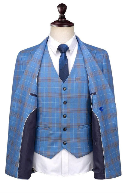Blue plaid double-breasted men's suit with vest and tie on mannequin