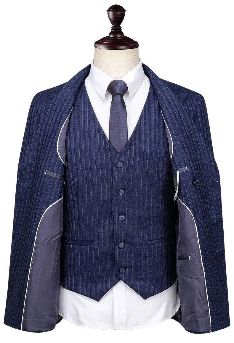 Blue pinstripe double-breasted men's suit with vest and tie on mannequin