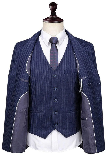 Blue pinstripe double-breasted men's suit with vest and tie on mannequin