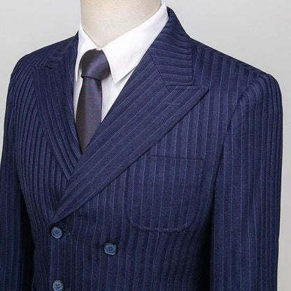 Men's blue pinstripe double-breasted suit with white shirt and dotted tie