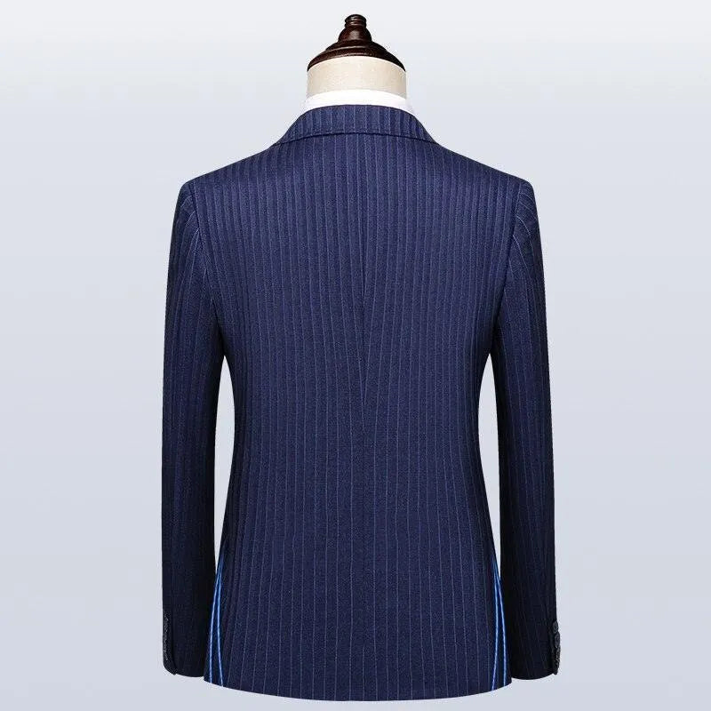 Back view of a blue pinstripe men's double-breasted suit jacket on mannequin