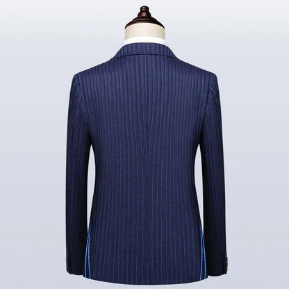 Back view of a blue pinstripe men's double-breasted suit jacket on mannequin