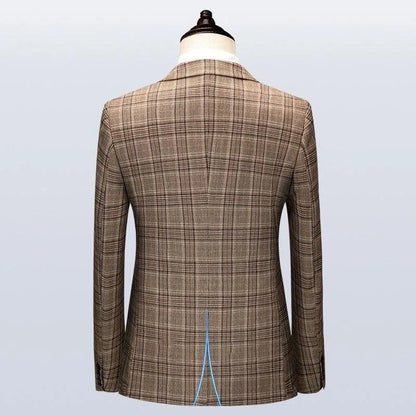 Back view of brown plaid men's suit jacket on mannequin, Boglioli three-piece suit