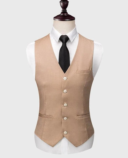 Camel three-piece men's suit vest with white shirt and black tie on mannequin