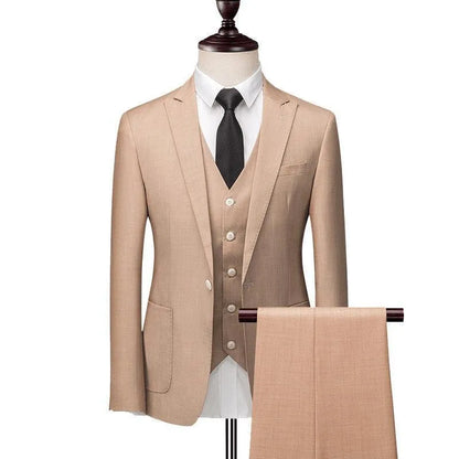 camel three piece men's suit with jacket, vest, and pants on mannequin