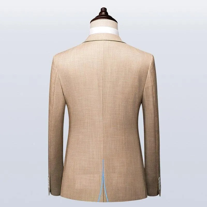 Back view of camel color men's 3-piece suit jacket on mannequin