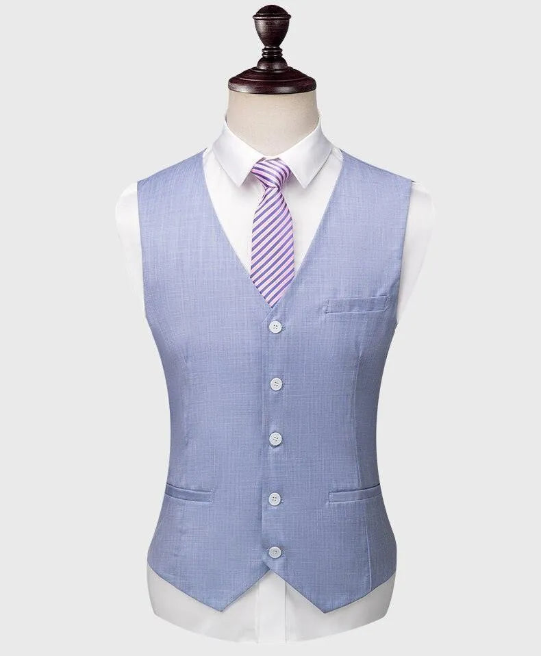 Blue men's suit waistcoat with white shirt and striped tie on mannequin