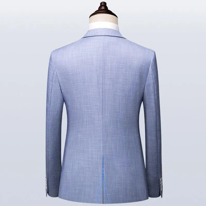 Back view of light blue men's suit jacket on mannequin, modern formal wear