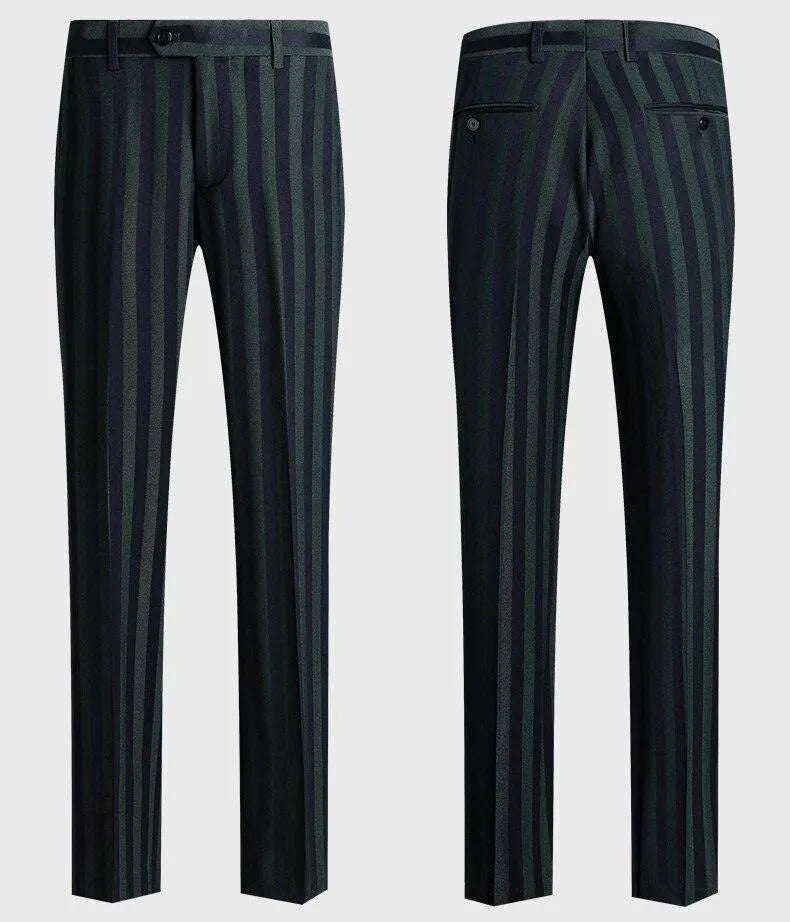 Men's black and grey striped dress pants front and back view