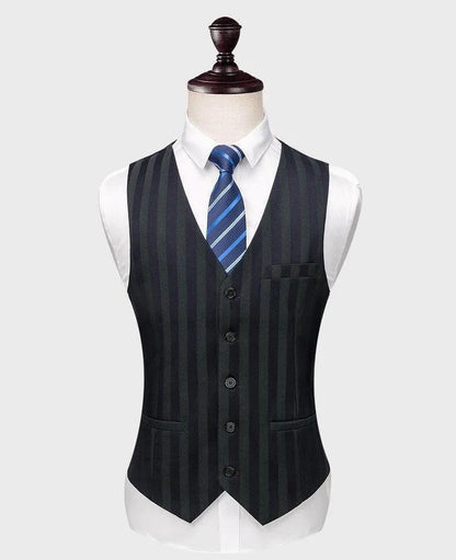 Black striped men's suit vest on a mannequin with white shirt and blue tie