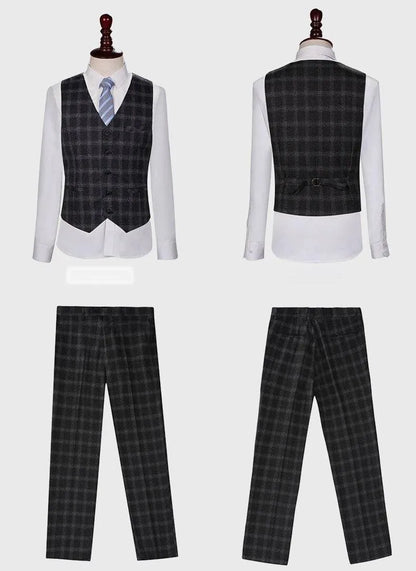 Men's plaid 3-piece suit with white shirt, blue striped tie, vest, and pants, front and back