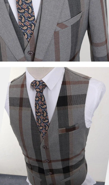 Men's grey plaid 3-piece suit with paisley tie and white dress shirt