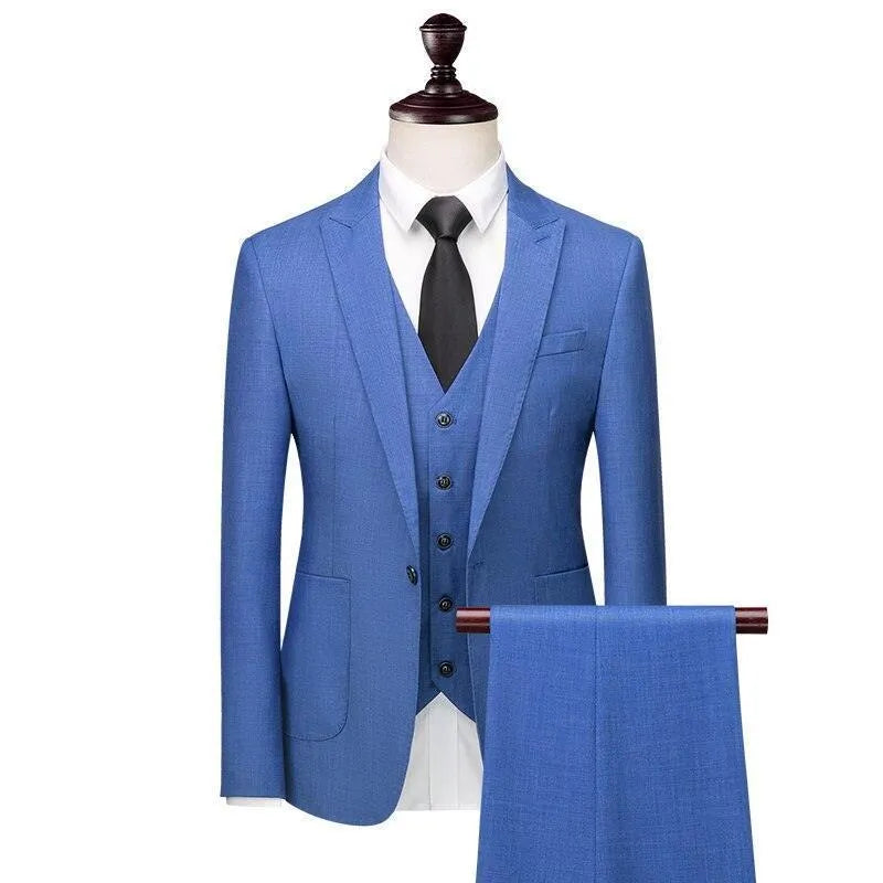 Men's blue three-piece suit with vest, white shirt, and black tie on mannequin