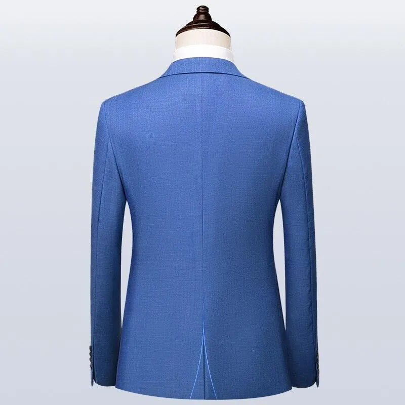 Back view of men's blue suit jacket on mannequin