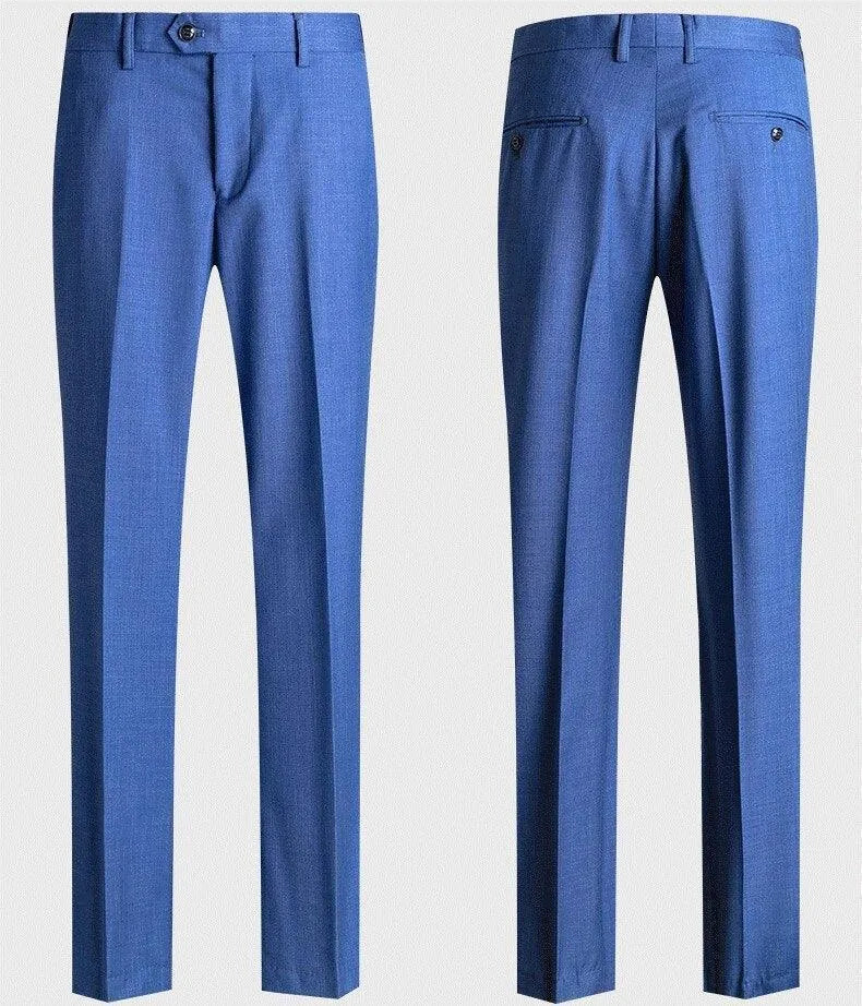 Men's blue suit pants, front and back view, formal slim fit dress trousers on white background