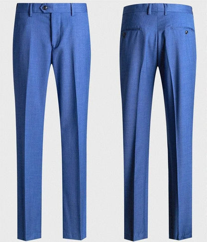 Men's blue suit pants, front and back view, formal slim fit dress trousers on white background