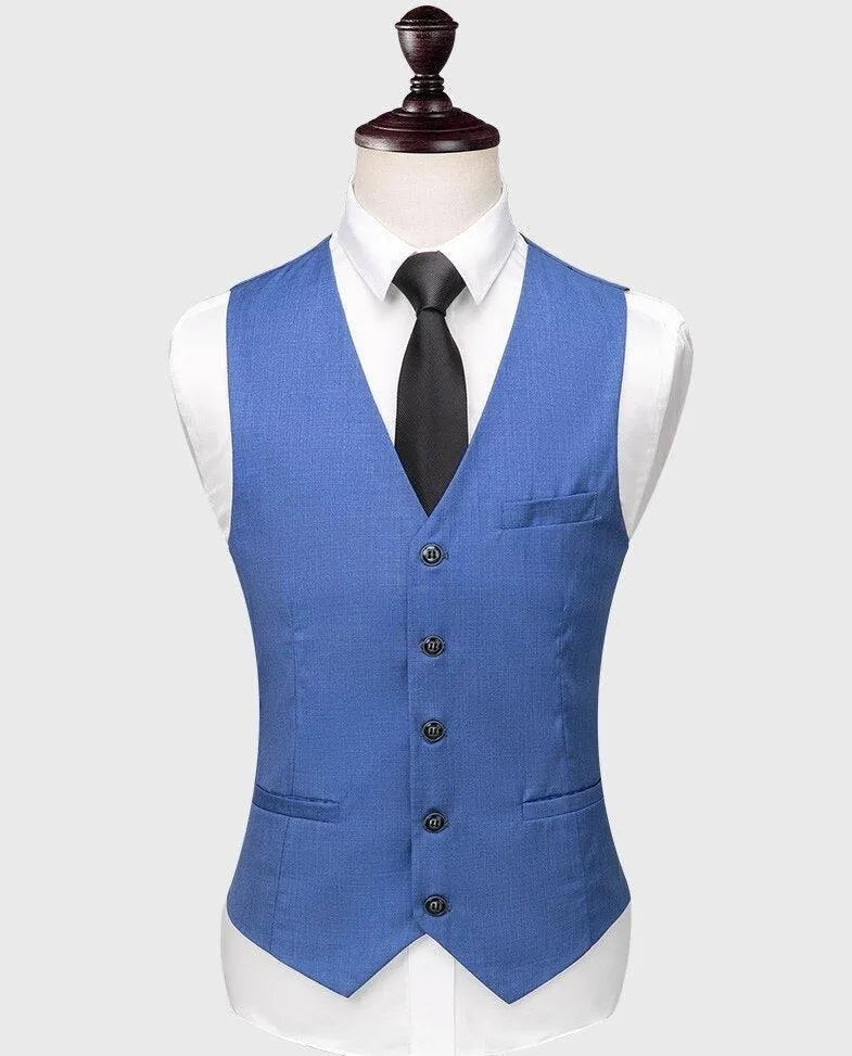 Blue men's suit vest with buttons, white shirt and black tie on mannequin