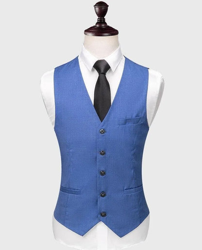 Blue men's suit vest with buttons, white shirt and black tie on mannequin