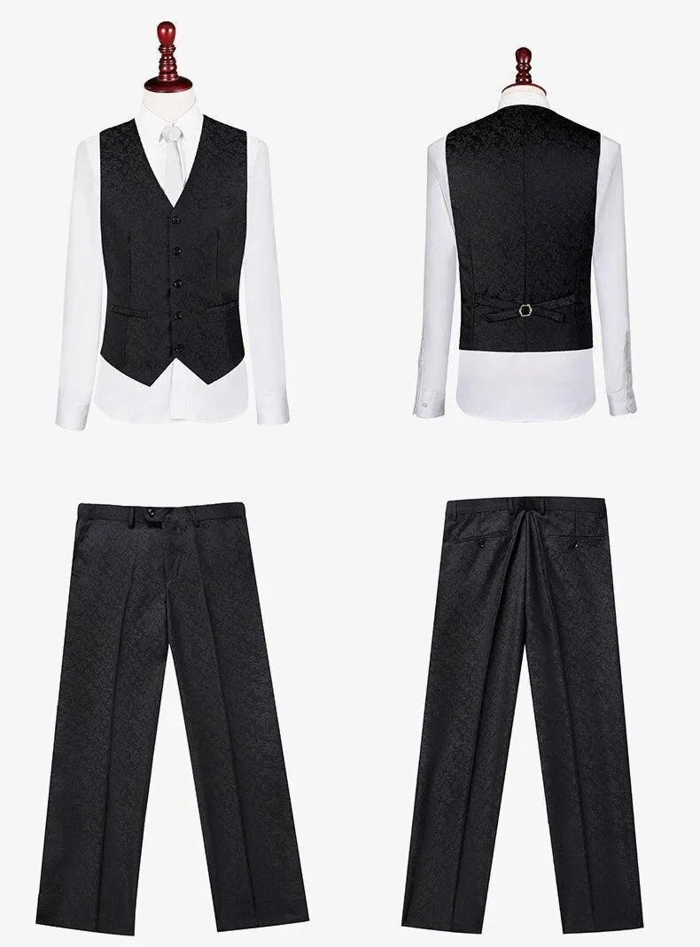 Men's jacquard black vest and pants set, front and back, on white background