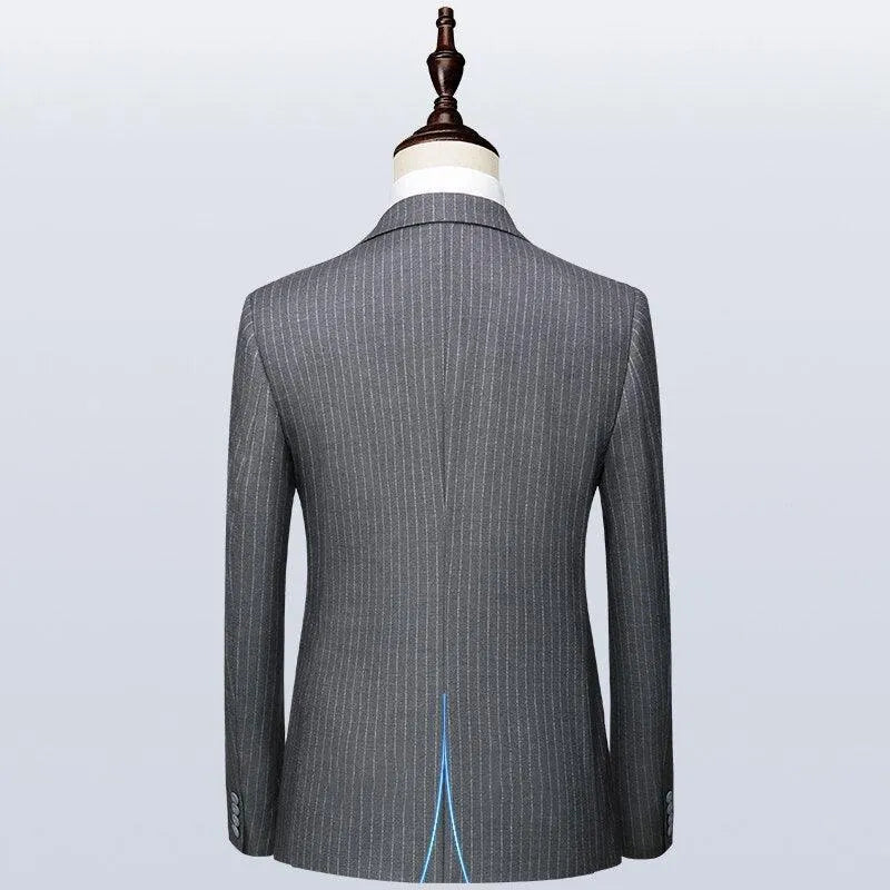 Back view of gray pinstripe men's suit jacket on mannequin