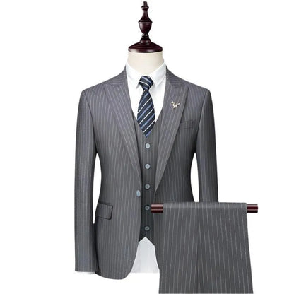 Gray pinstripe men's 3-piece suit with vest, jacket, and striped tie on mannequin