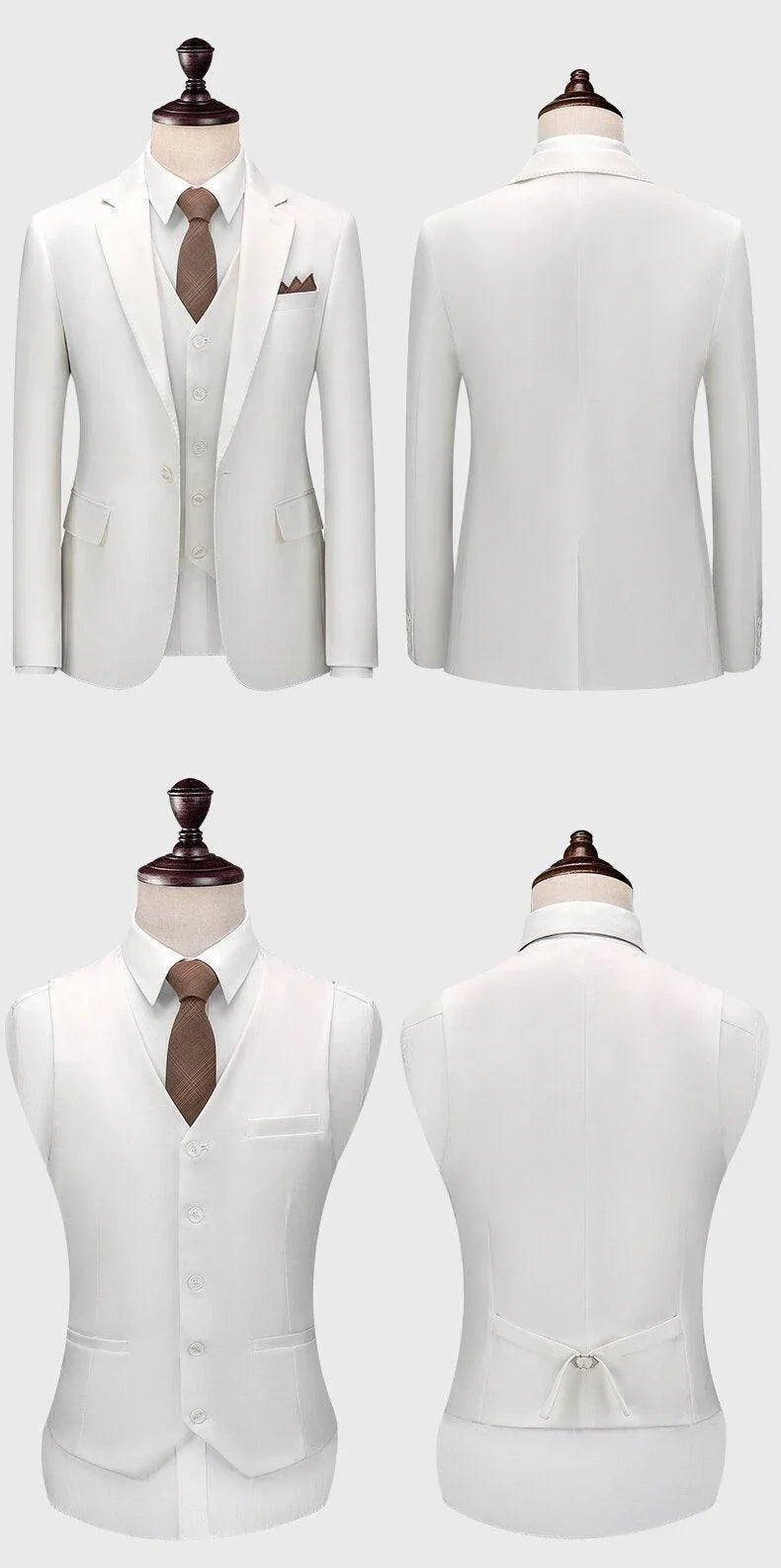 Men's white 3-piece wedding suit with vest, blazer, and brown tie on mannequin