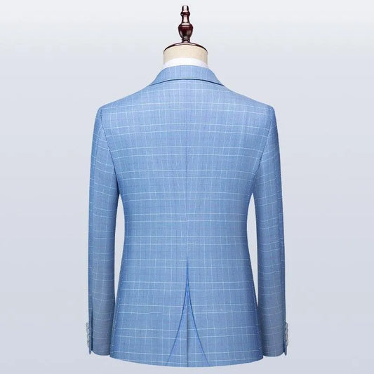Back view of light blue plaid men's suit jacket on mannequin, formal wear fashion
